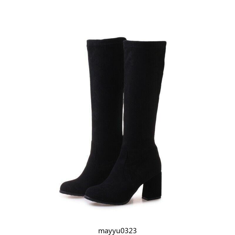 Women’s Casual High Block Heel Round Toe Riding Mid Calf Boots Shoes 52/53/54