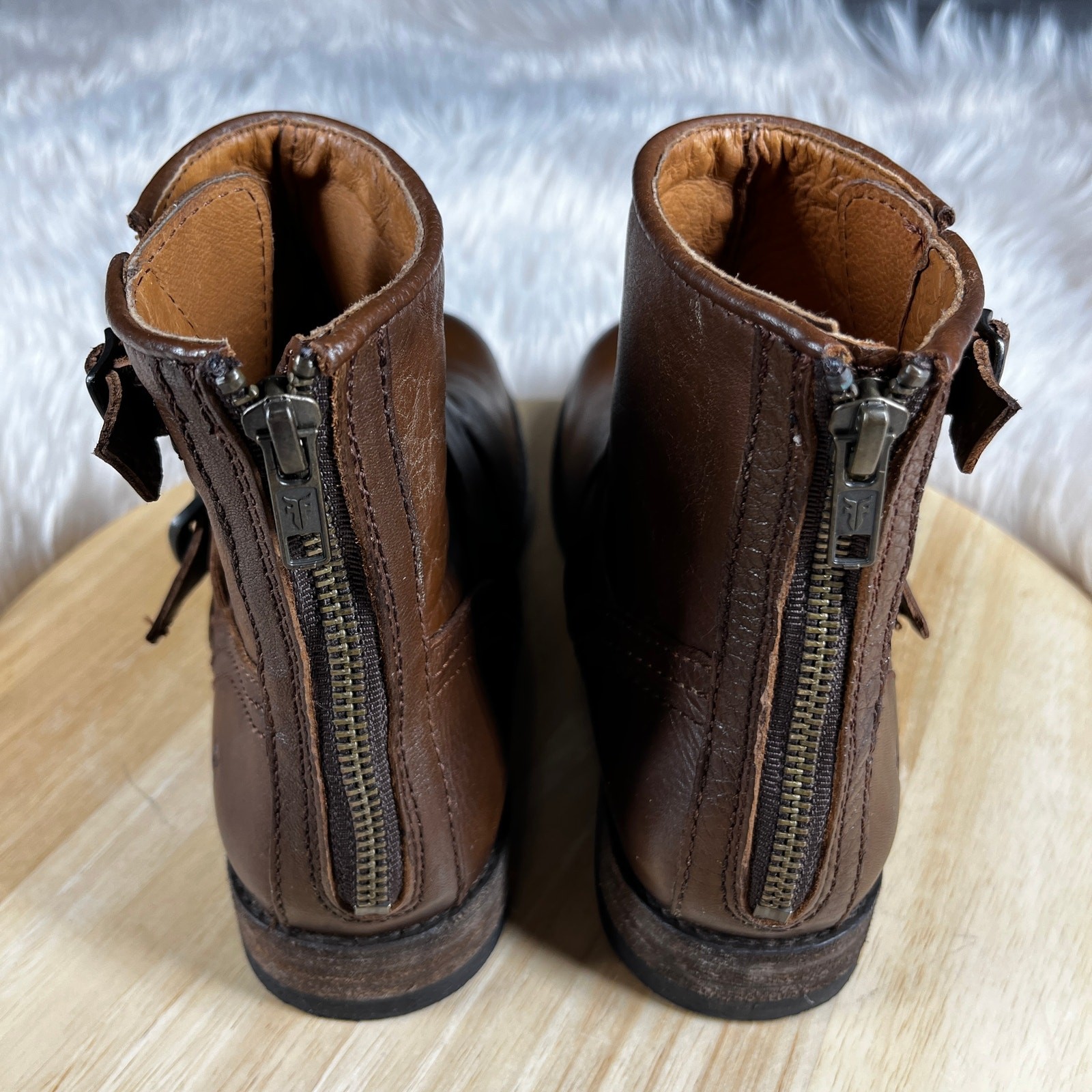 Frye Tyler Engineer Ankle Boots Women 6B Cognac Leather Two Buckle Biker Hipster
