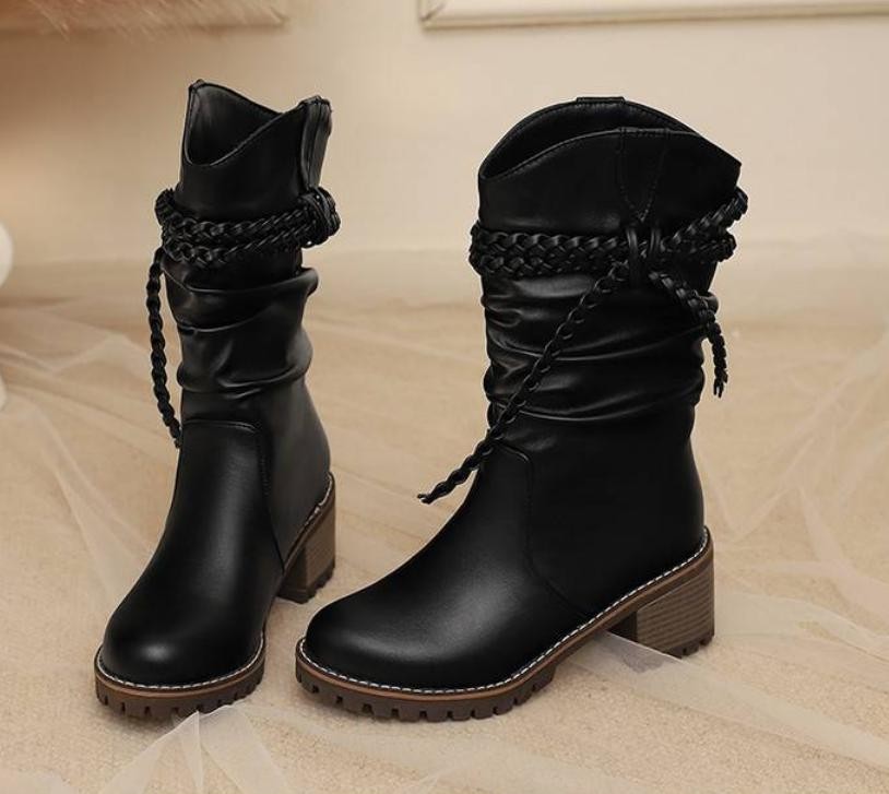 Vintage Women’s Pull On Mid Calf Boots Casual Formal Western Faux Leather Shoes
