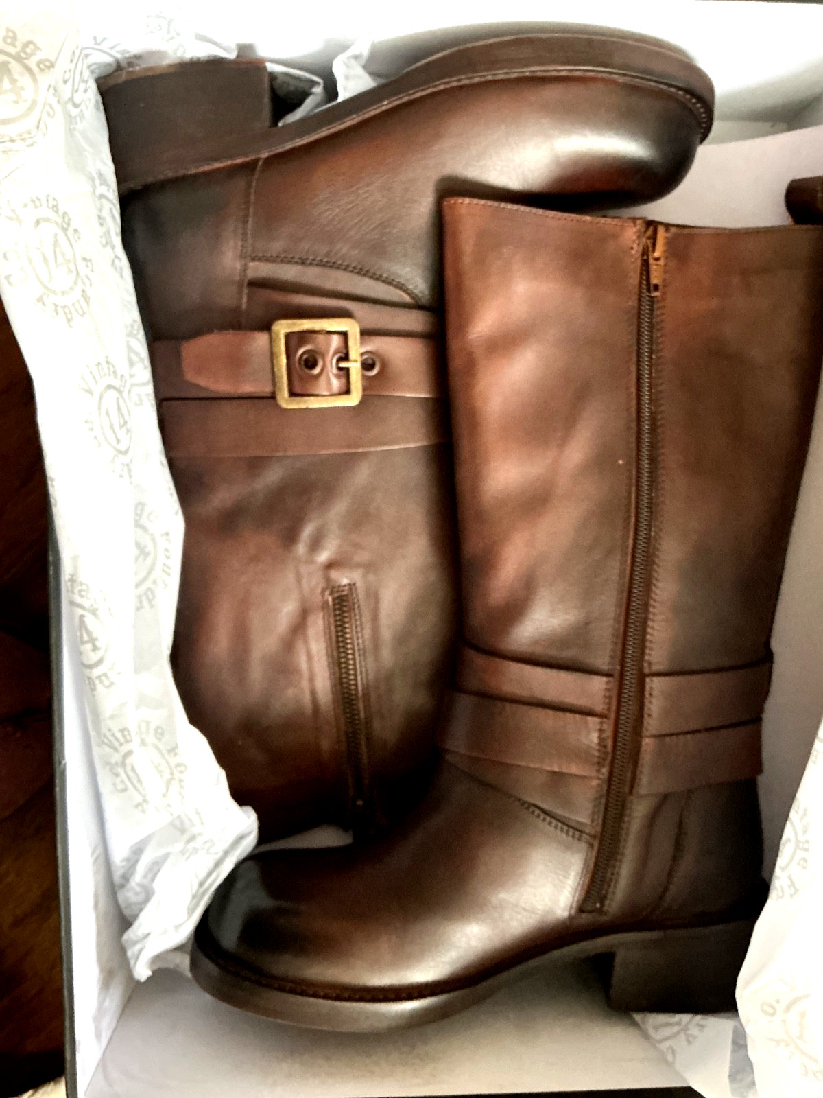 NEW Vintage Foundry Co. Philippa Belted Moto Boots dark brown/ cognac 6