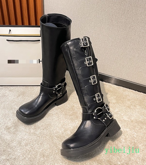Women’s Vintage Low Heel Knee High Leather Boots Gothic Motorcycle Buckles Shoes