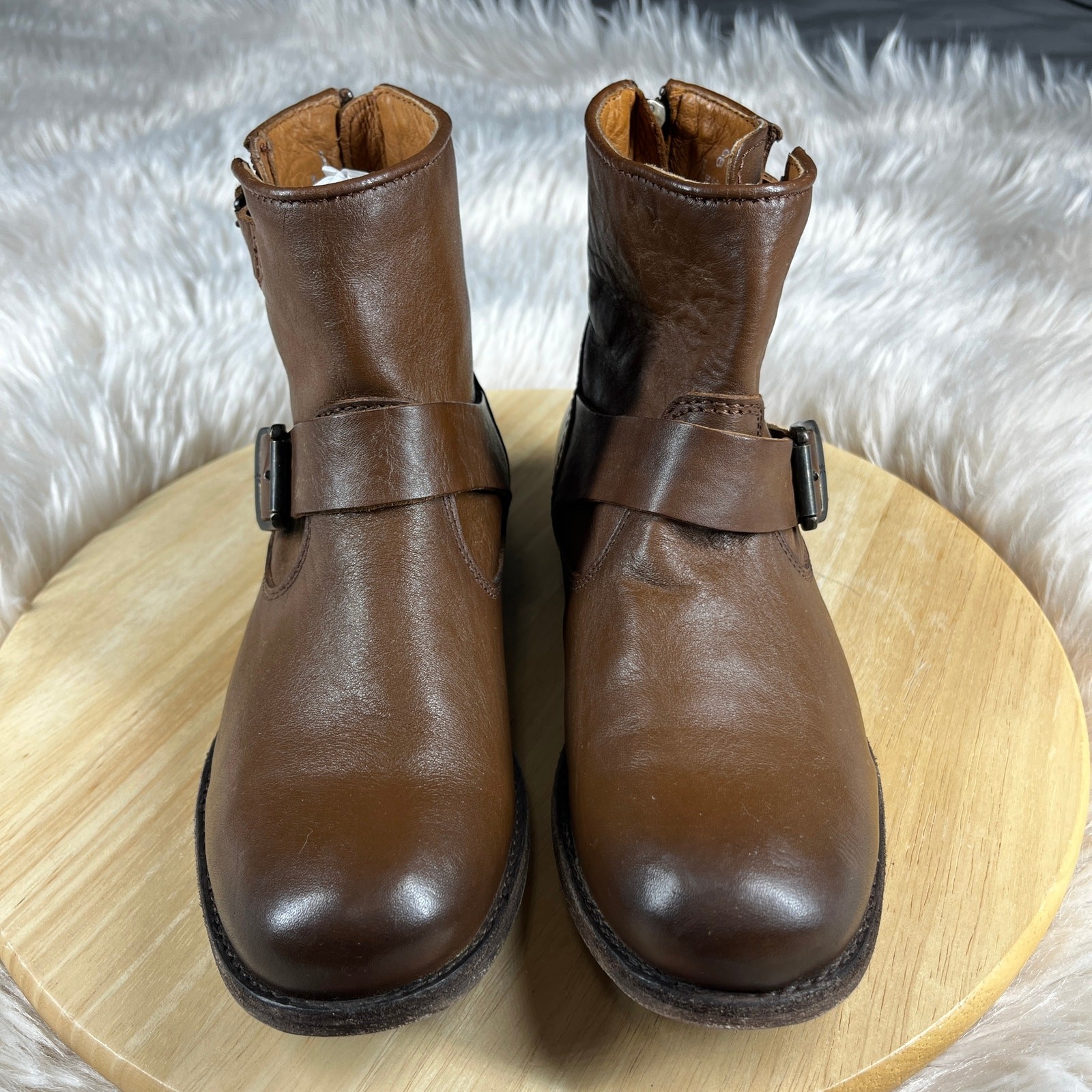 Frye Tyler Engineer Ankle Boots Women 6B Cognac Leather Two Buckle Biker Hipster