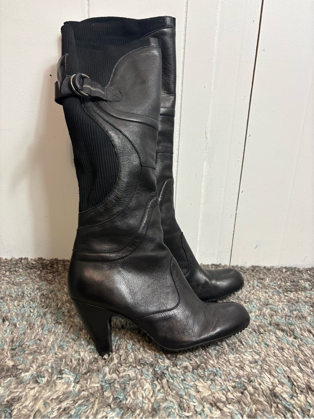 Blondo Boots Womens 9 Tall Leather Ribbed Stretch Inlets Heeled Buckle Riding