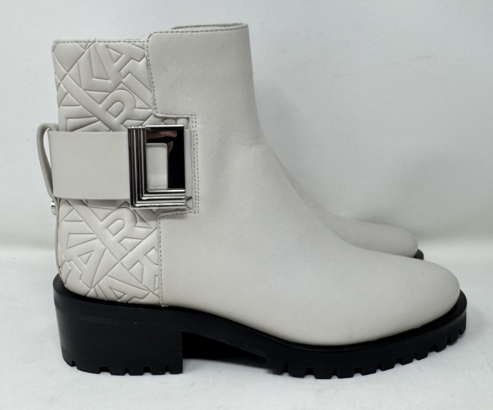 Karl Lagerfeld Paris Women’s VARA Leather Ankle Boots Logo Heel Size 8M