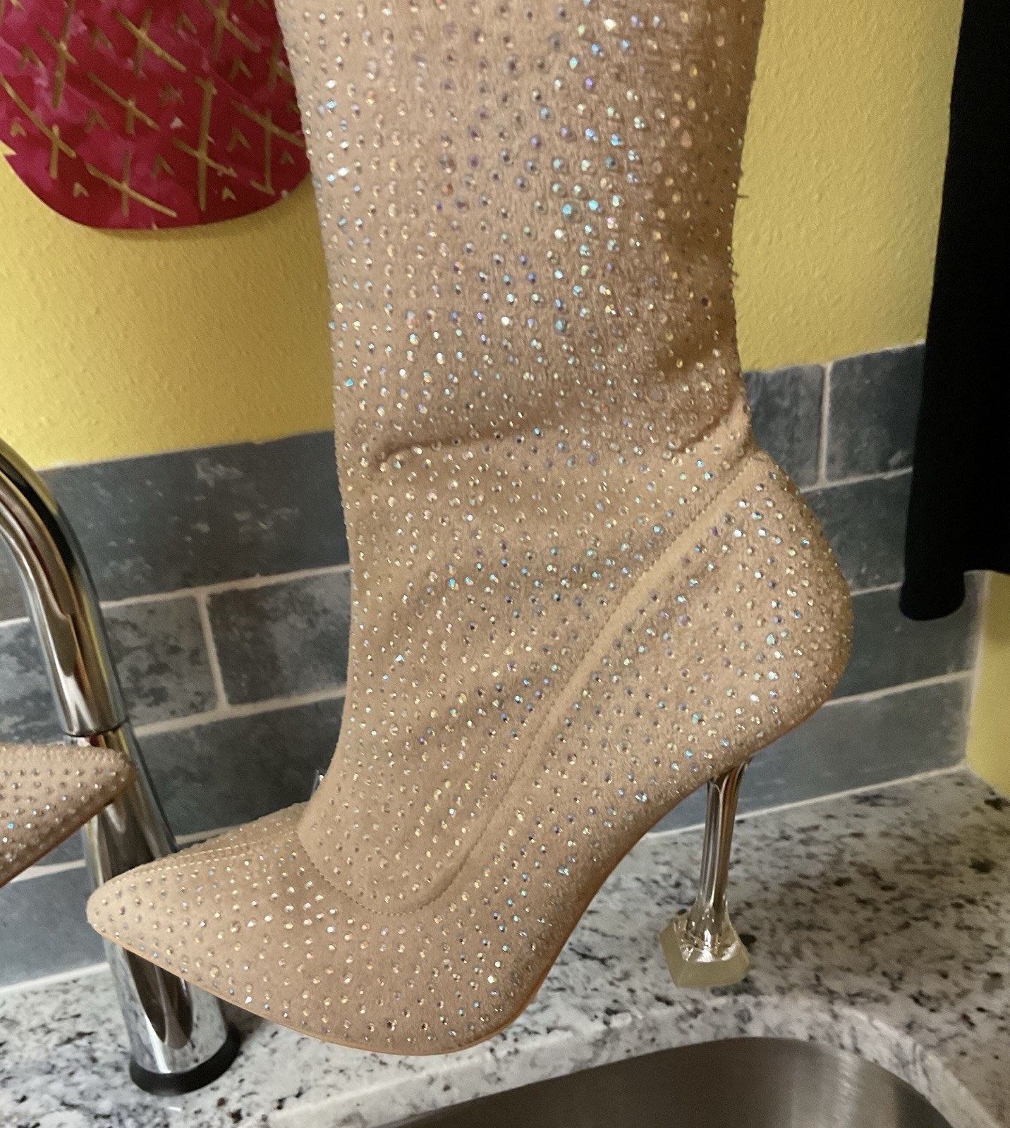 Nude Thigh High Boots Embellished With Rhinestones Size 6 1/2