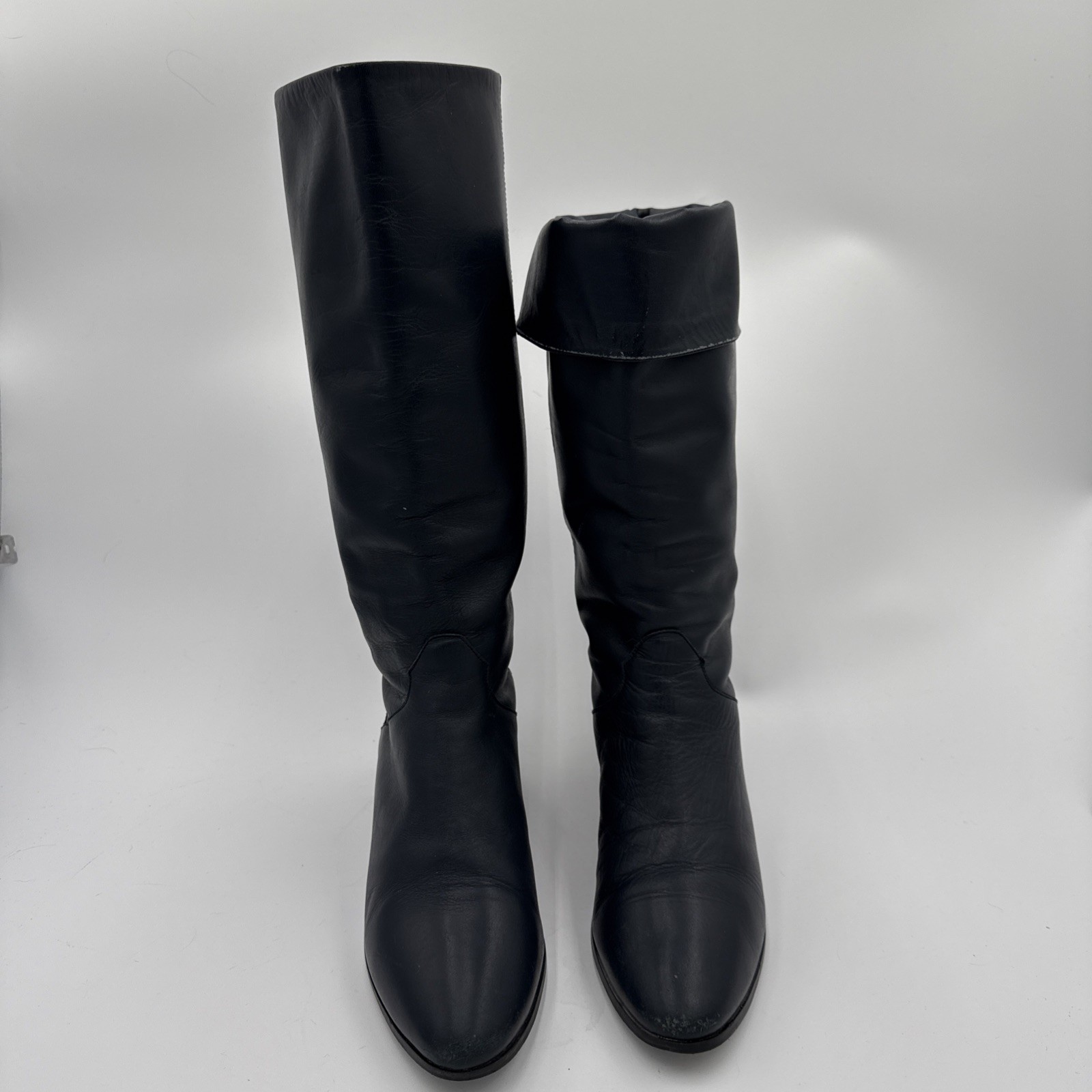 Vtg 80s Navy Blue Leather Knee High Cuff Slouch Boots Made In Uruguay Sz 8 M