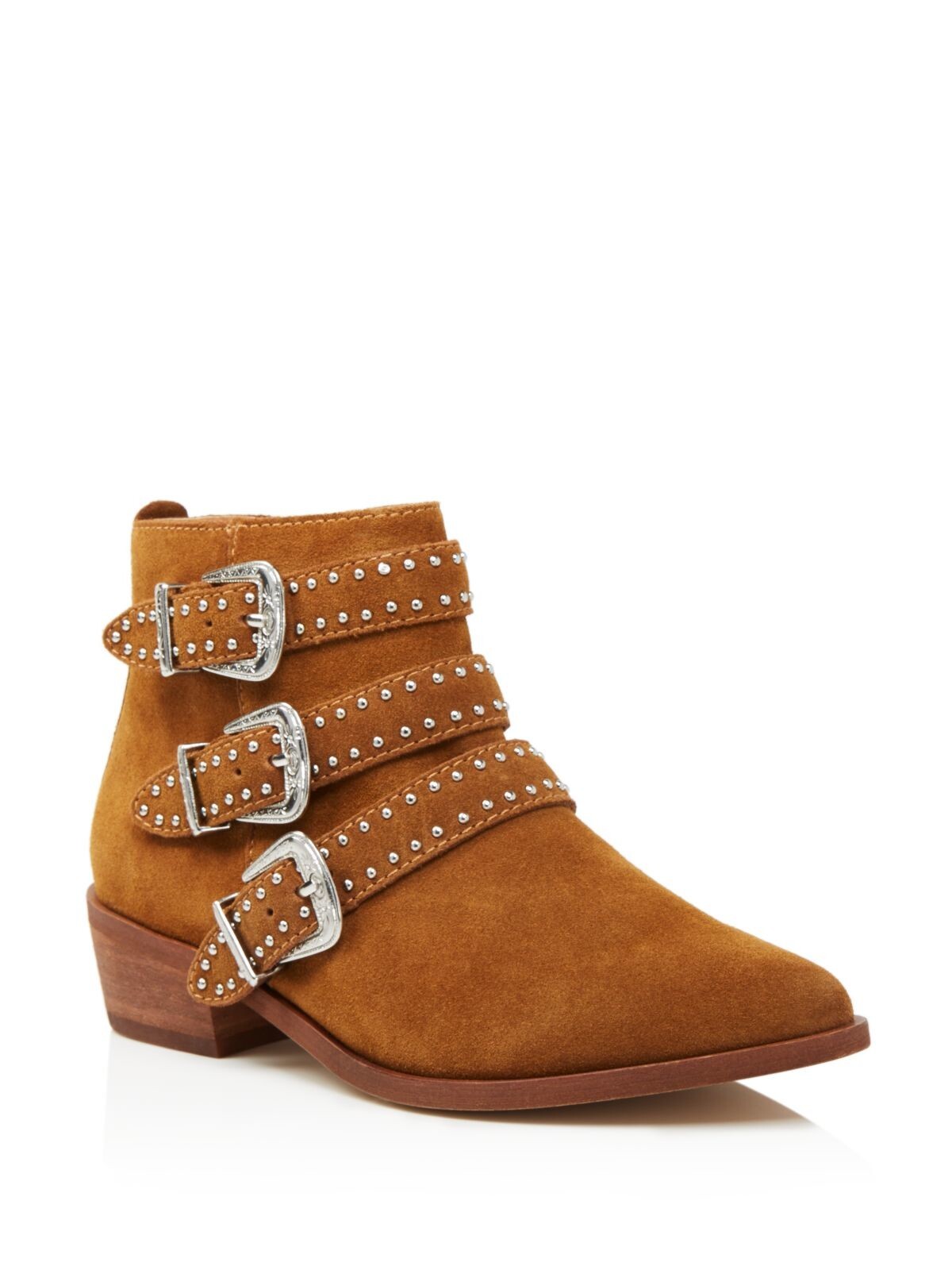 AQUA Womens Beige Studded Blane Almond Toe Block Heel Zip-Up Leather Booties 6 M