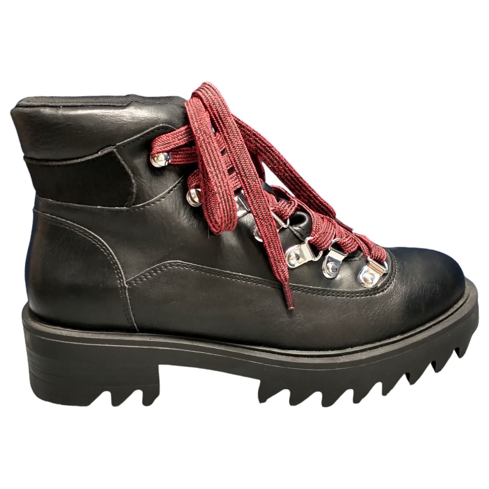 JF Combat Ankle Boots Womens Sz 6.5 Black Faux Silver Loops Low Top Maroon Laces