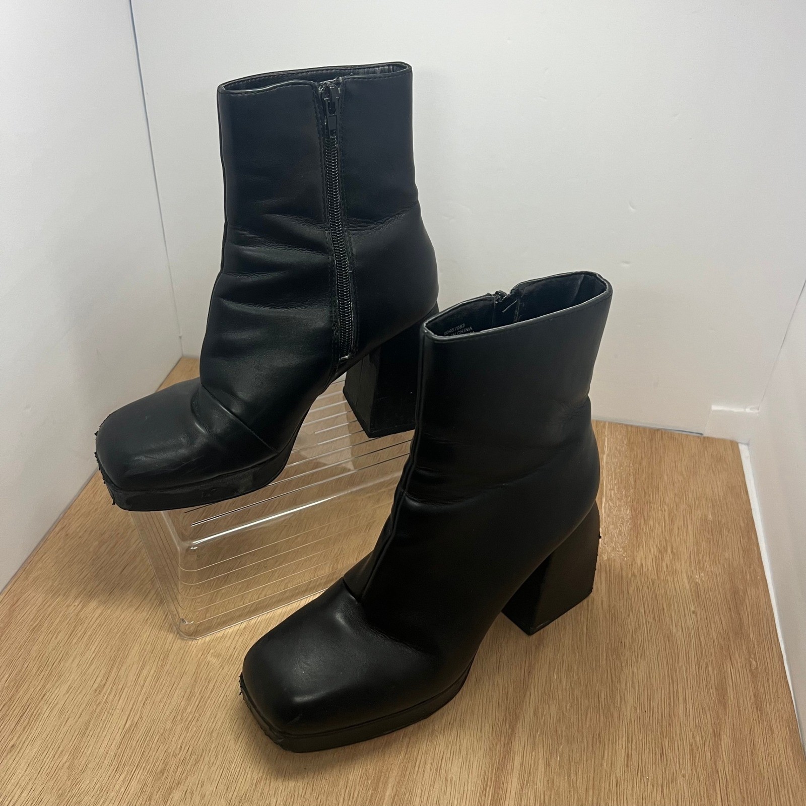 Platform Boots Women 7 Black Square Toe Chunky Block Heel Zipper Unbranded Goth