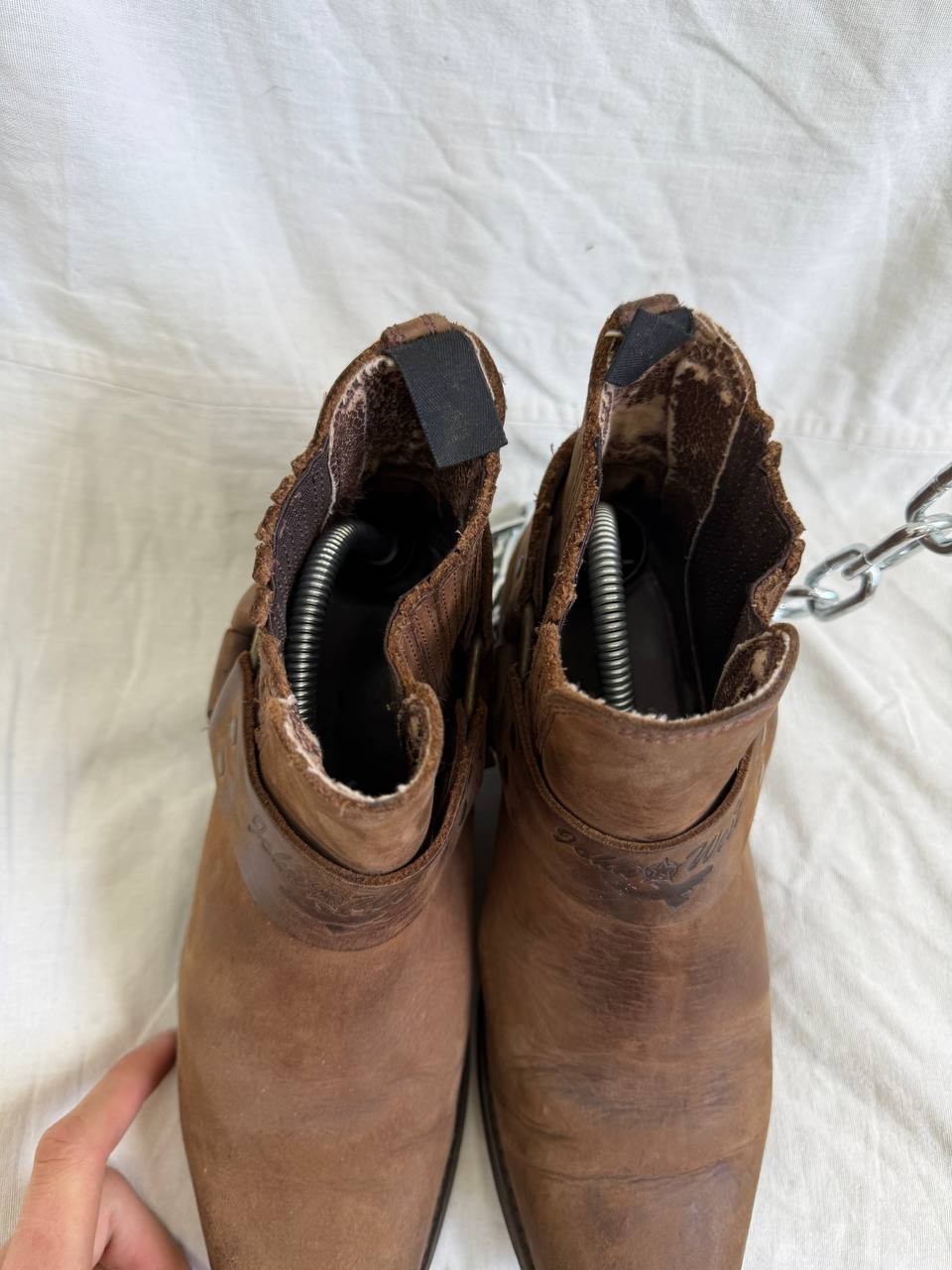 Vintage John West Spain Leather Harness Boots Brown Biker Cowboy Western Moto 39