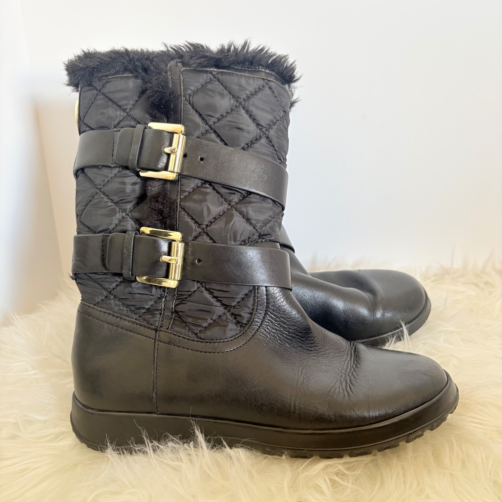 Michael Kors Black Quilted Faux Fur Trim Buckle Boots AQ13G 7M