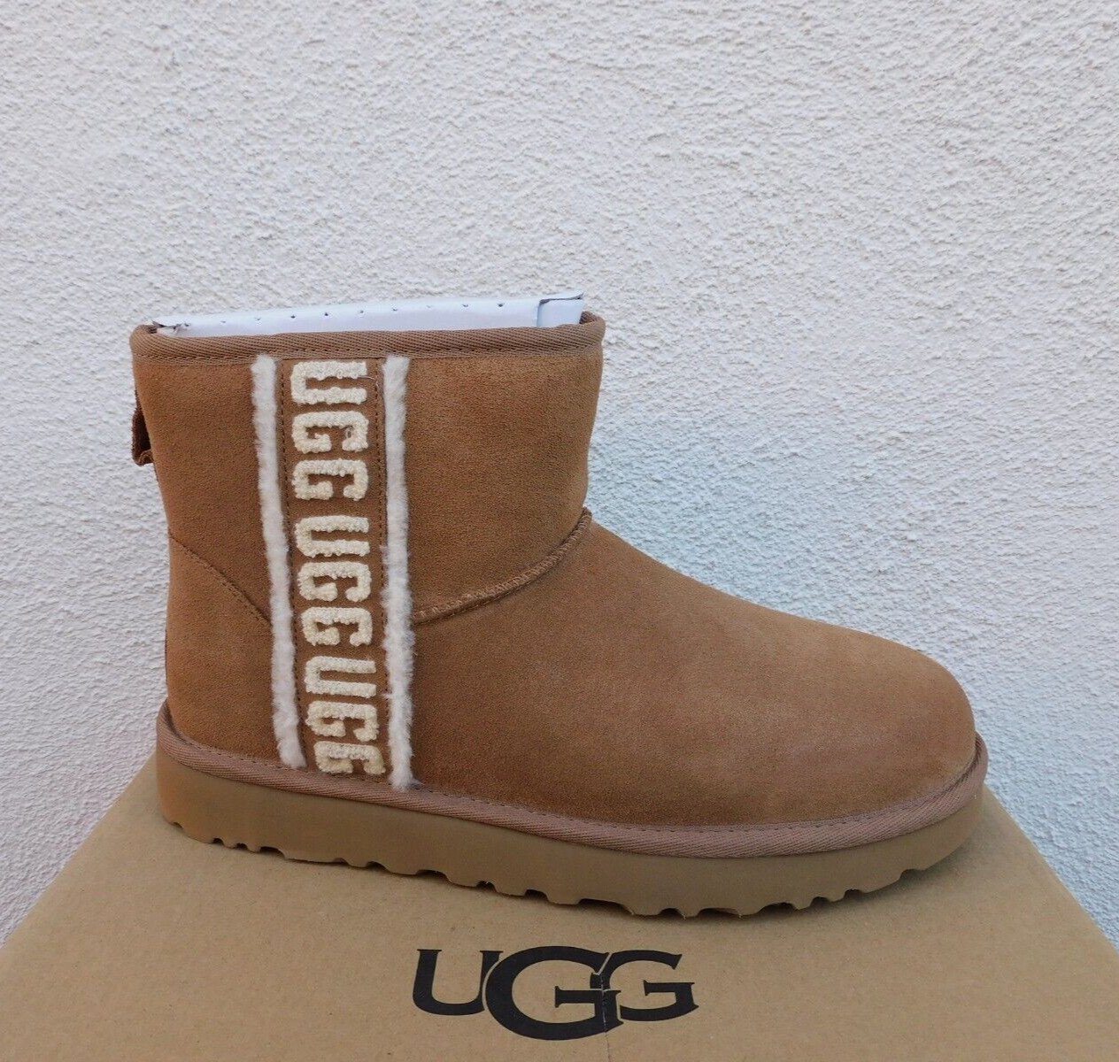UGG CHESTNUT CLASSIC MINI SHEARLING LOGO SUEDE/ WOOL BOOTS, US 6/ EUR 37 ~NIB