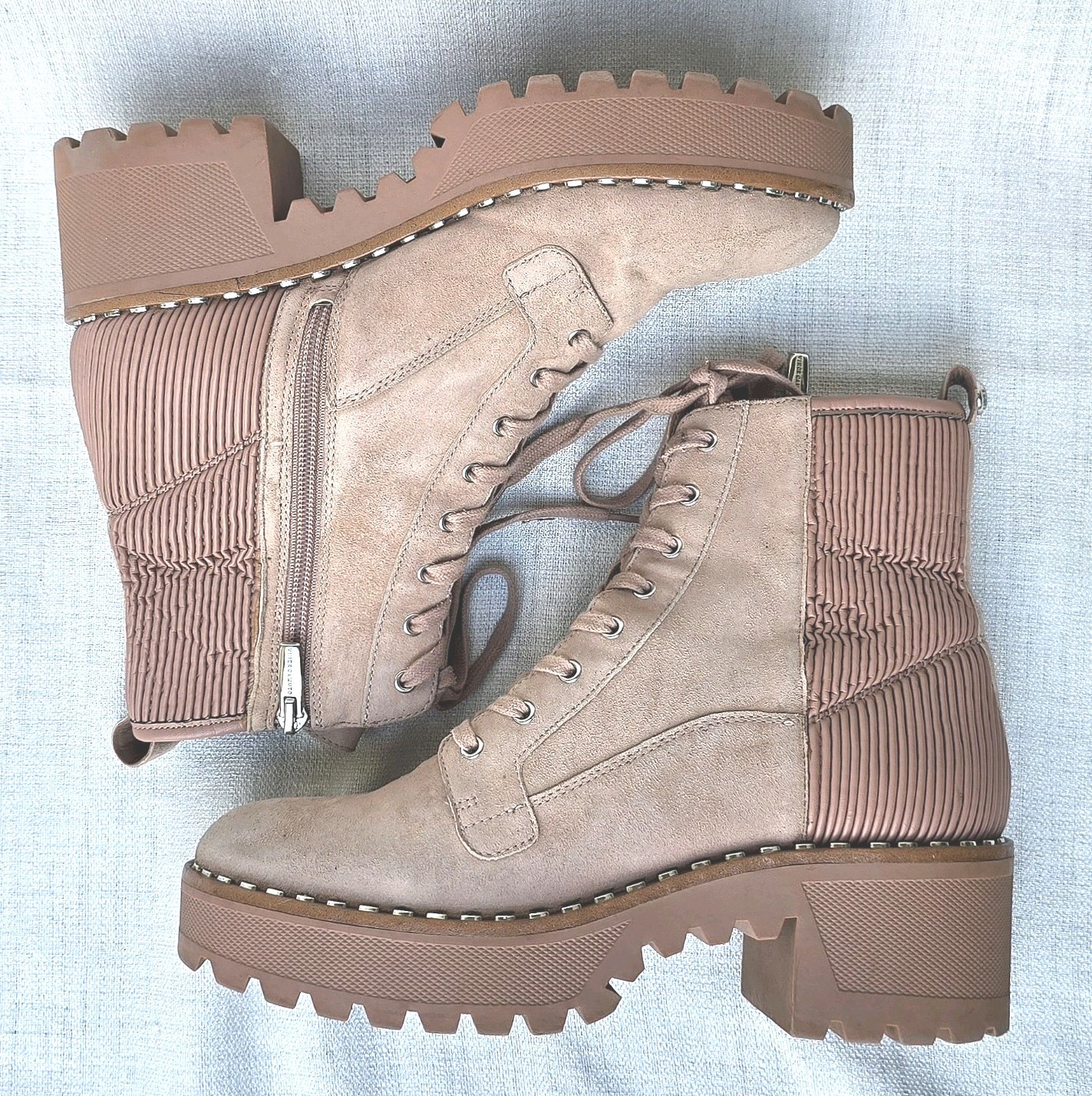 Vince Camuto Boots Wms 8.5 Movelly Tuscan Taupe Suede Side Zip Silver Stud Trim