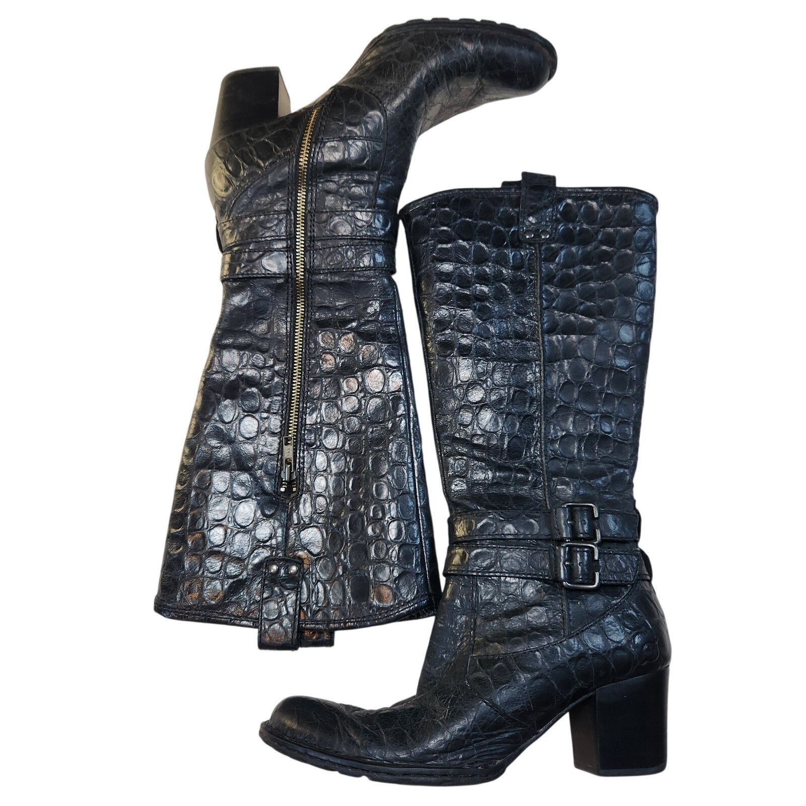 BØRN Lewisa Leather Riding Boot Womens 7.5 Black Textured Croc Embossed Heeled