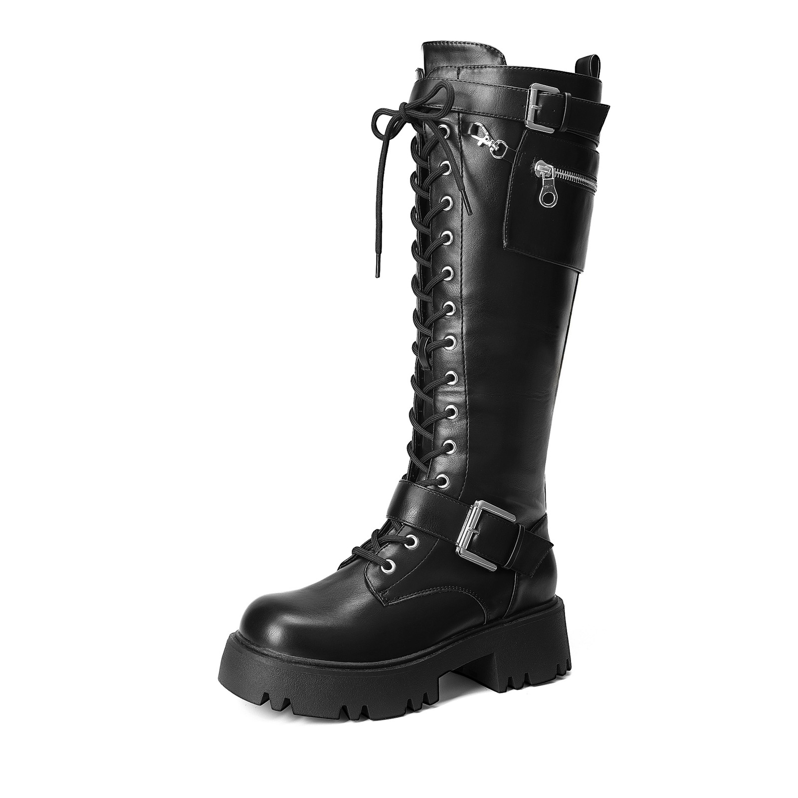 Women Knee High Boots Combat Lace Up Fall Lug Sole Gothic Motorcycle Boots