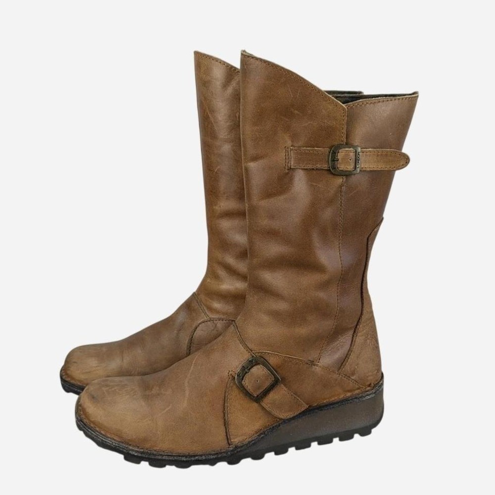 Fly London Mes 210315 Camel Leather Mid Calf Buckle Boot EU 41 / US 10-10.5