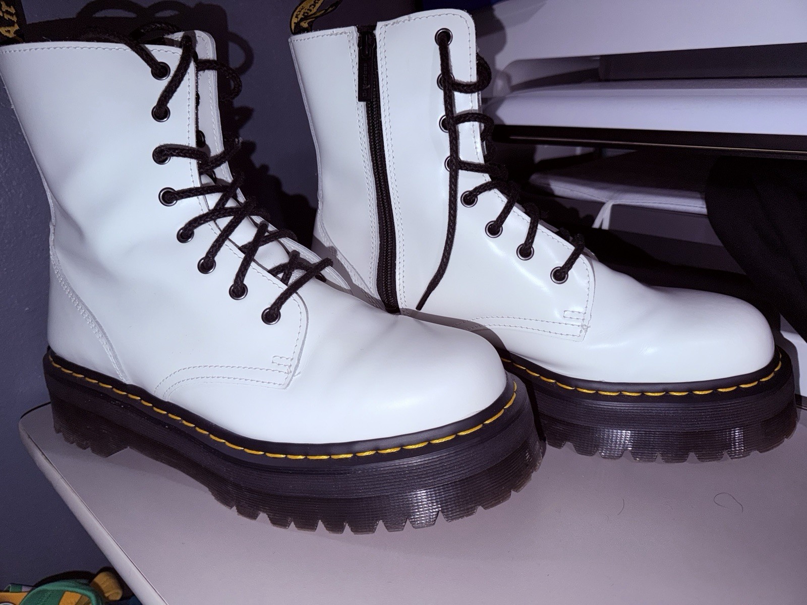 Dr. Martens Jadon White Leather Platform Combat Ankle Boots Lace-Up Zip US 12