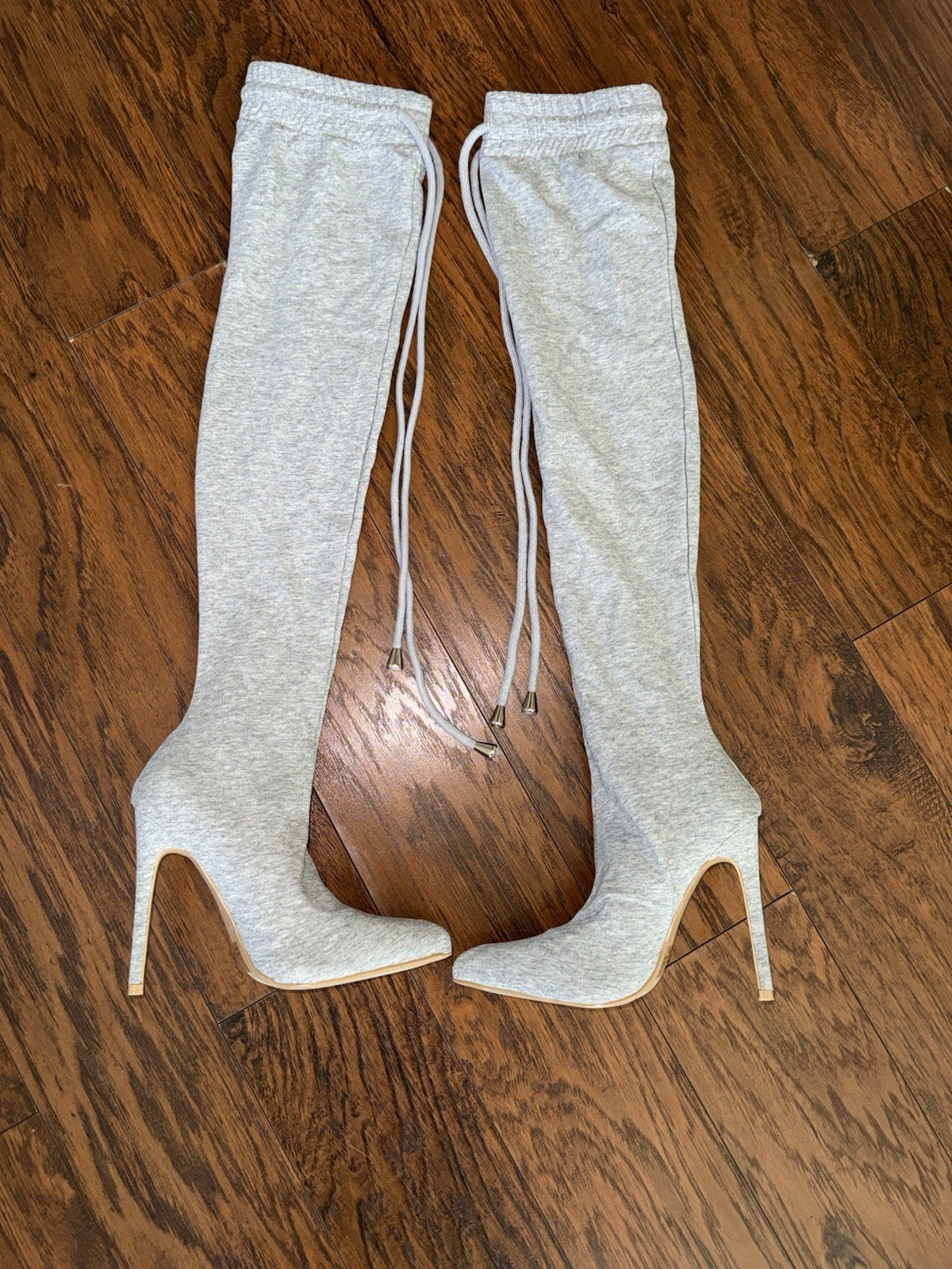 Women’s Gray Thigh-High Over-the-Knee Knit Stiletto Boots Pointed Toe 5.5