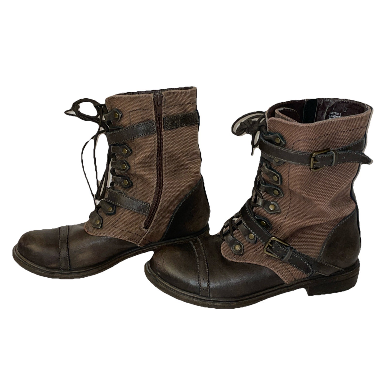 ZiGi Girl Tactic Boots Size 8 Brown Fabric Leather Faux Distressed Buckles