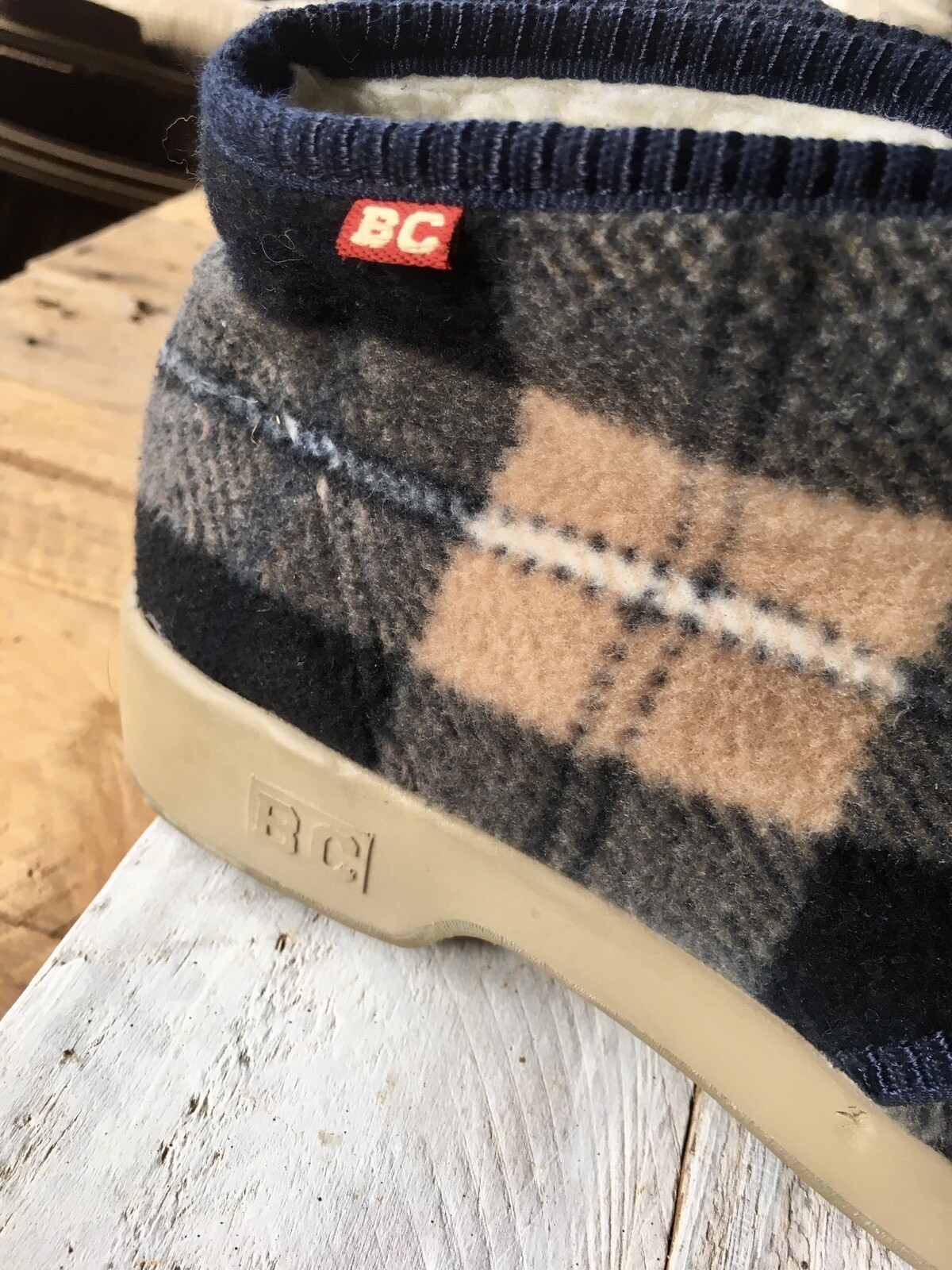 BC Footwear Shearling Lined Navy Blue Plaid Flannel Logo Ankle Boots W Sz 6 Cozy