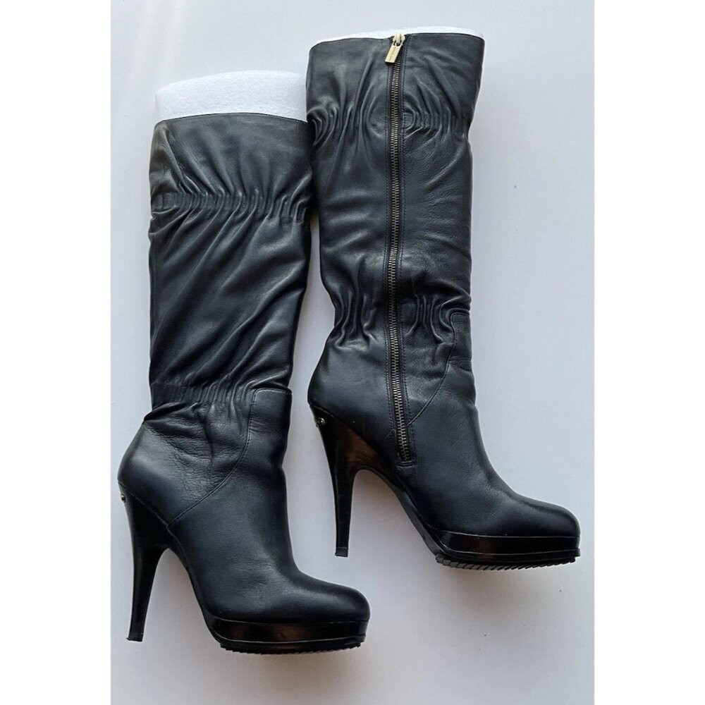 MICHAEL KORS Webster Black Scrunch Women’s Leather Knee High Boots 7