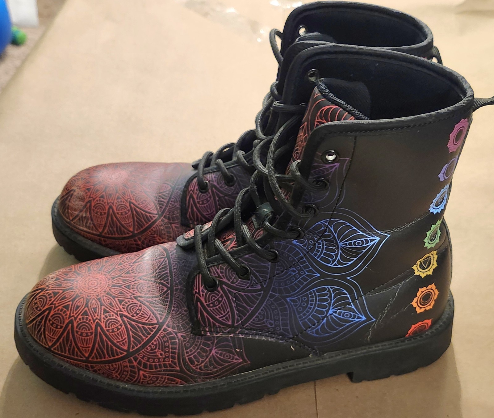 Chakra Love MANDALA Boots, Black & Rainbow Colors US M-7/ US W-9 Dr Marten style