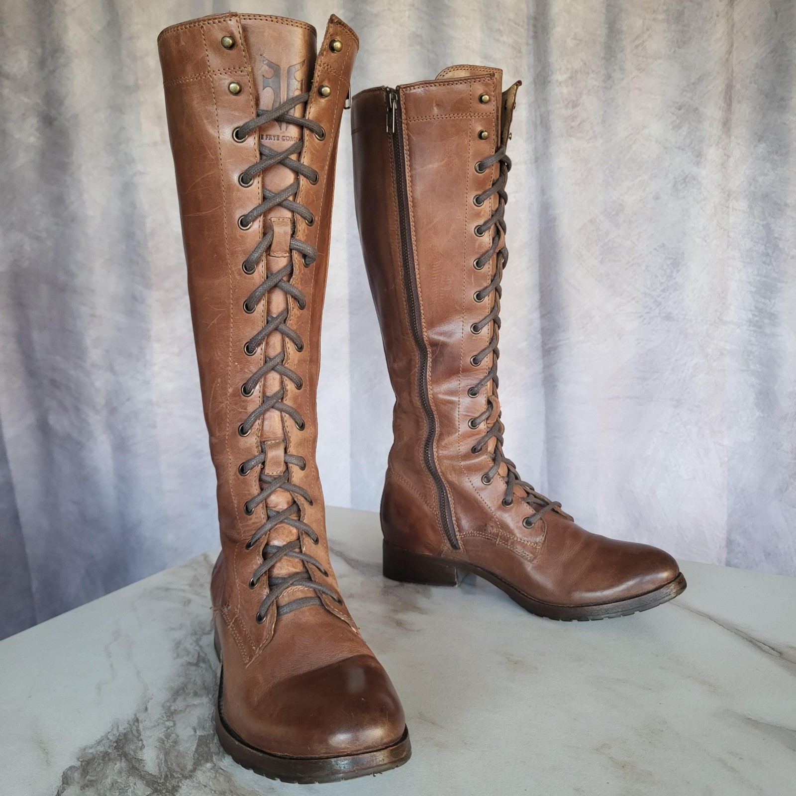 Frye Lace Up Riding Boots Womens Size 8.5 Brown Leather Knee High Tall Zip