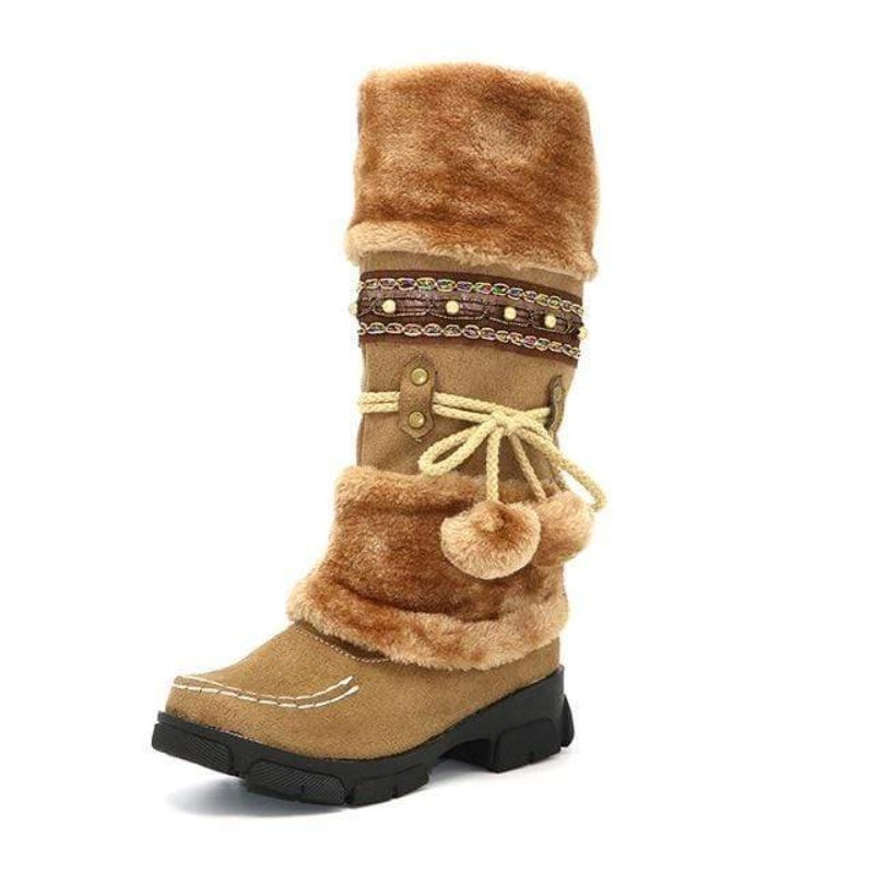 Women’s Mid-Calf Faux Fur Snow Boots Beige Drawstring Pom Poms Beaded Trim