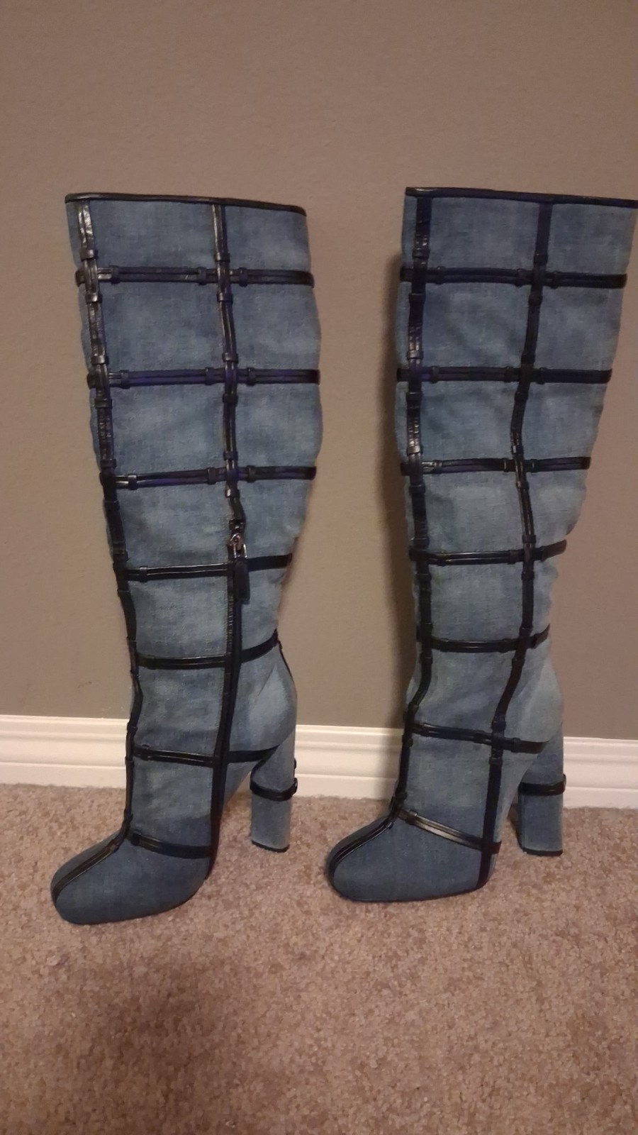 Tom Ford Patchwork denim and Leather Knee High Boots Runway 39