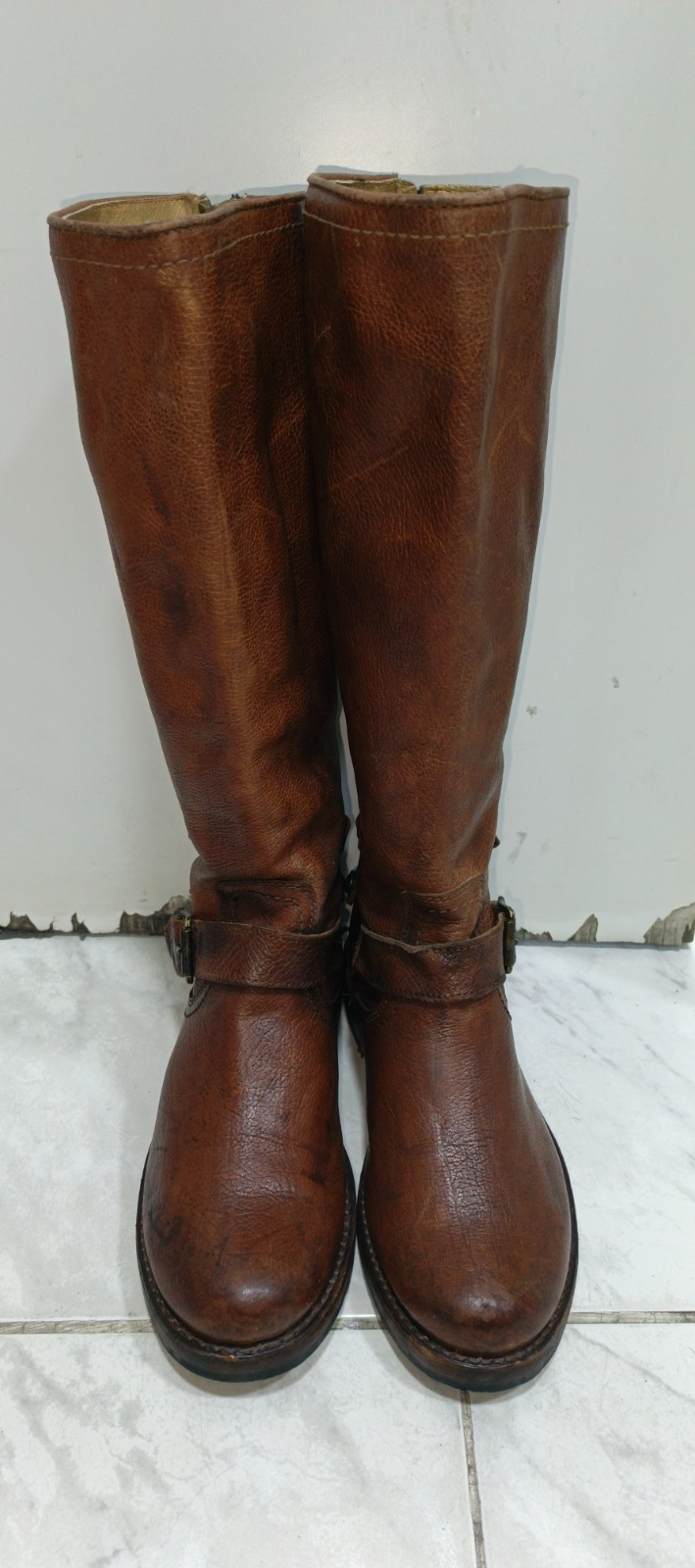 FRYE Tyler Tall Boots Womens 6.5B Brown Leather Multi Strap Back Zip 77551