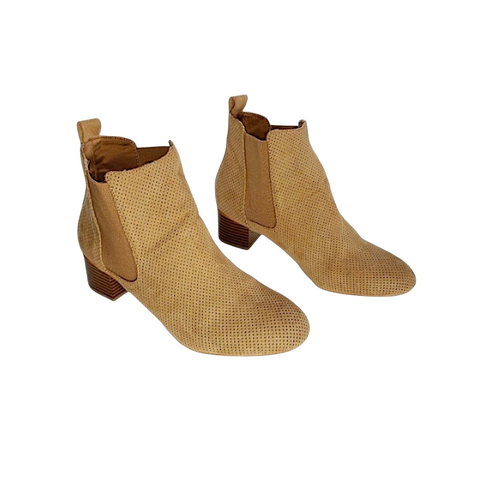 Loft 8.5 Chelsea Ankle Boots Womens Tan Perforated Faux Suede 1.5″ Block Heel