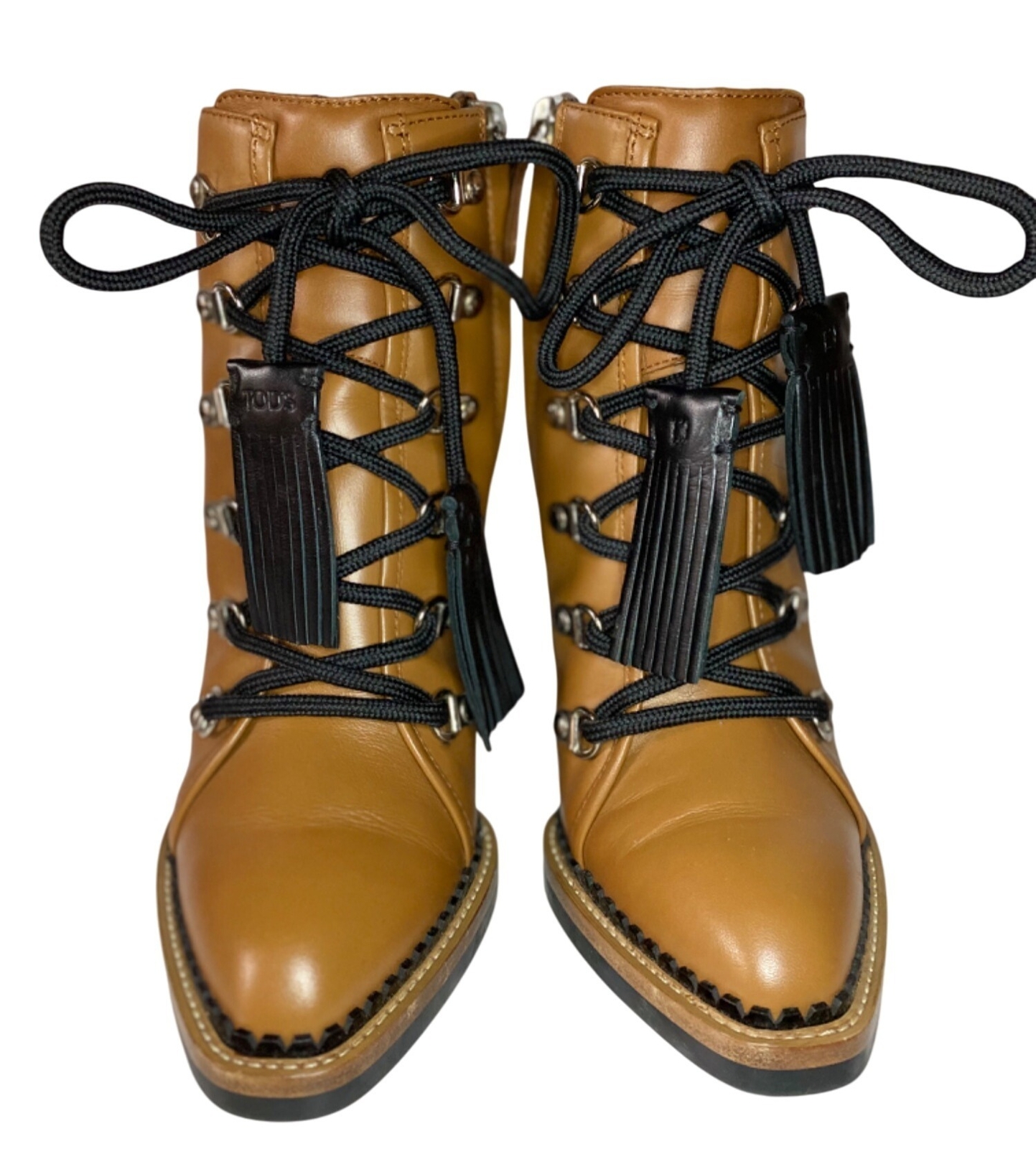 Tods Lace Up Tasseled Leather Ankle Boots Womens EU 36.5 US 6.5 Brown Camel