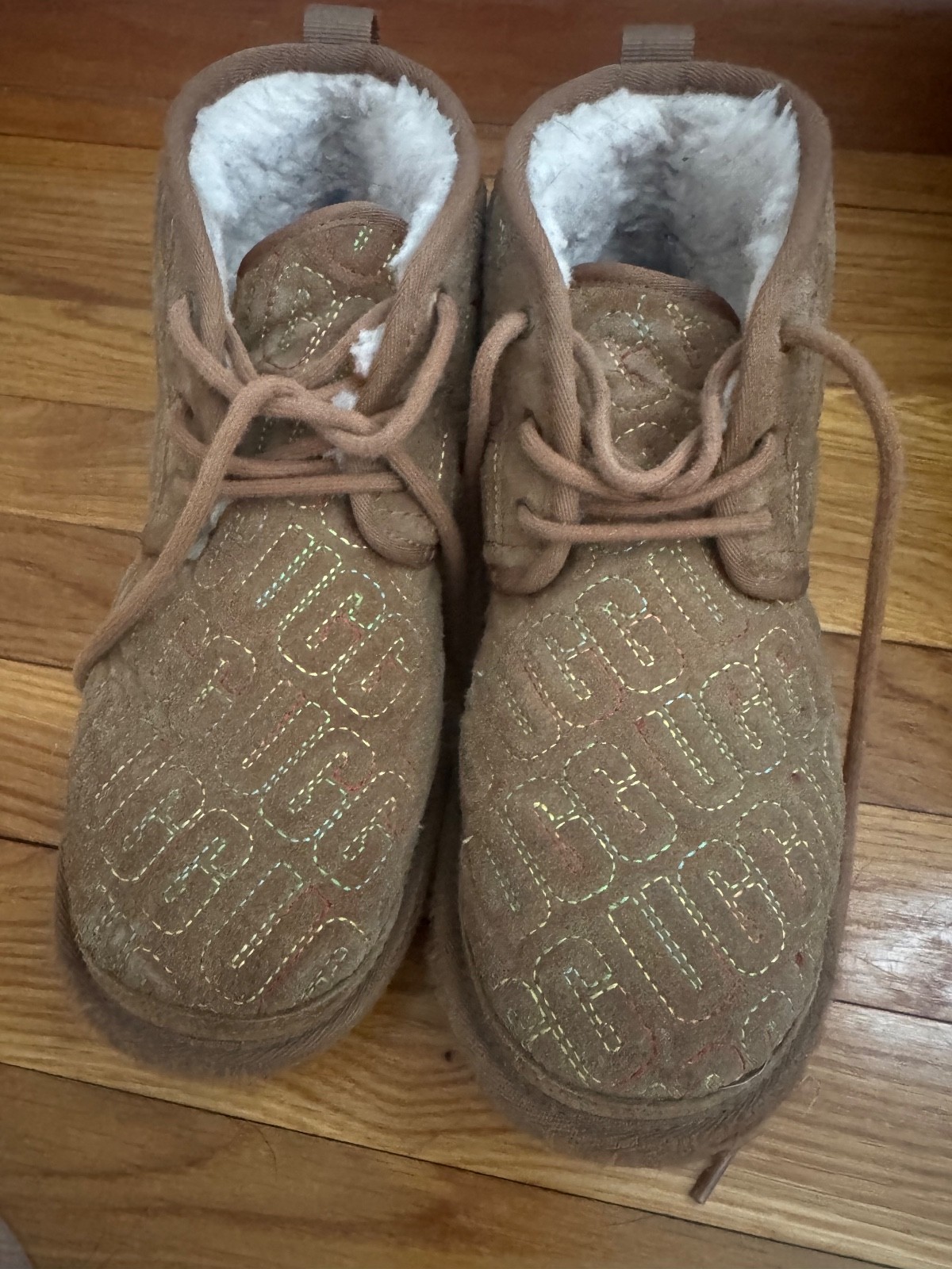 ugg kid’s boots size 6 multicolor logo stitching fur lined