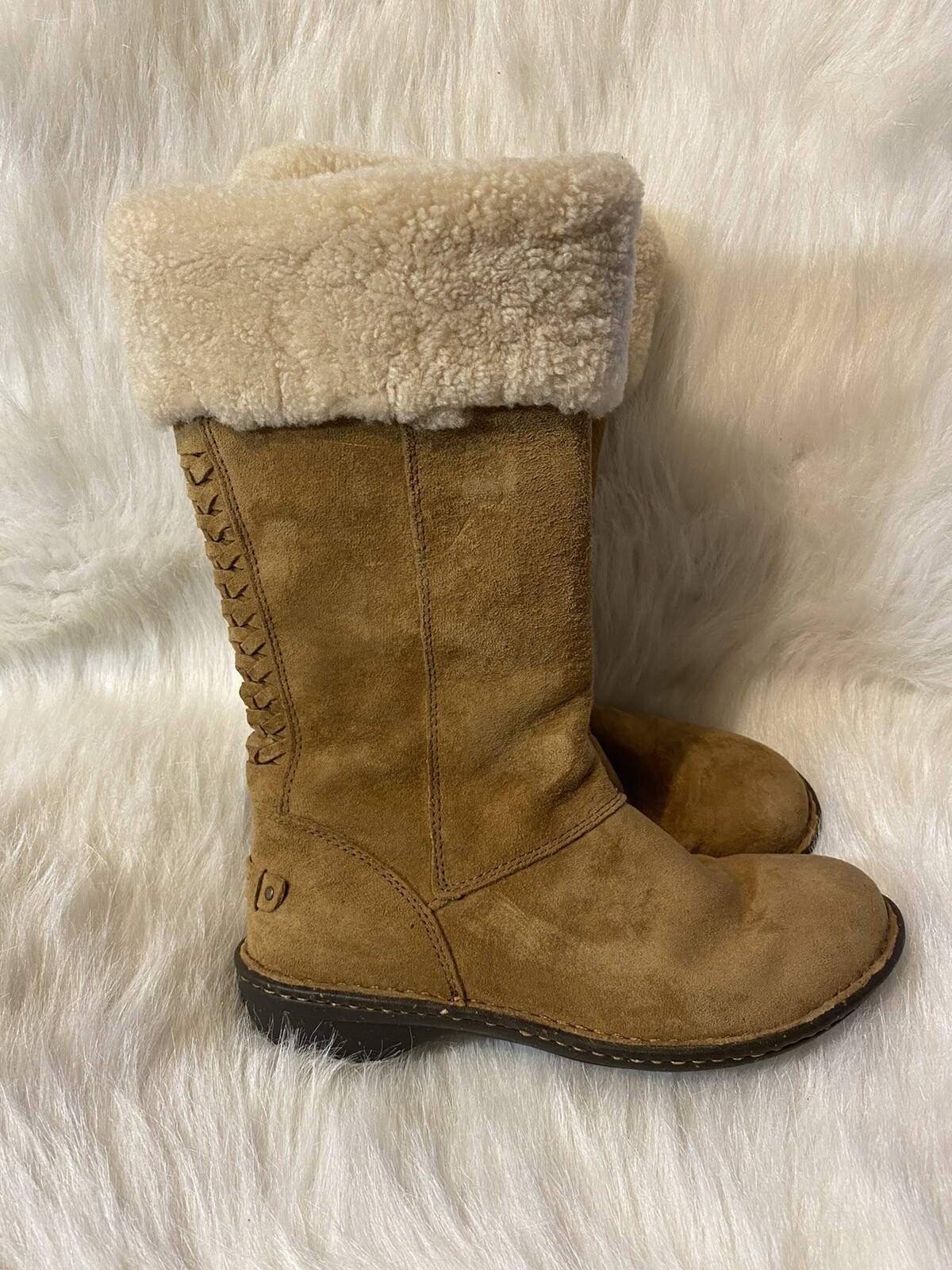UGG Karyn Cuff Sheepskin Boots Womens Size 6 Tan Brown Pull On Shoes