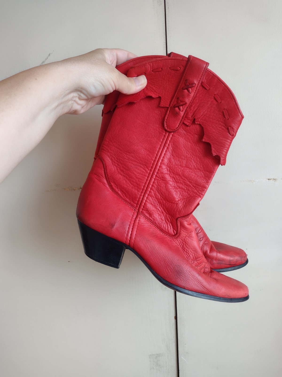 Vtg Red Laredo Leather Cowboy Boots Decorative Top Sz 9.5 Worn Line Dancing
