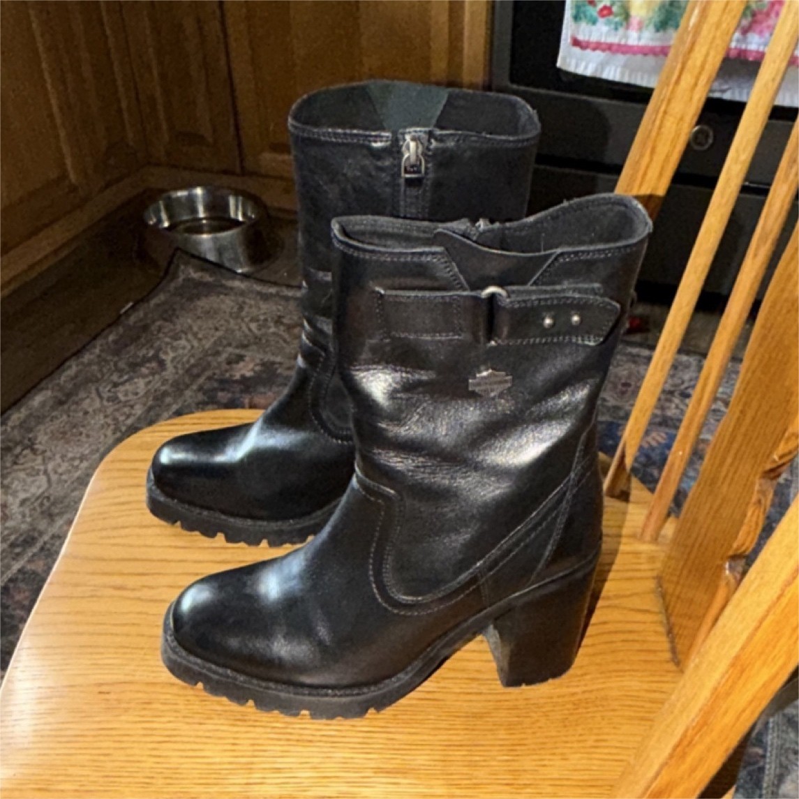 Harley-Davidson Black Leather Mid-Calf Biker Boots Women Zip Buckle Logo