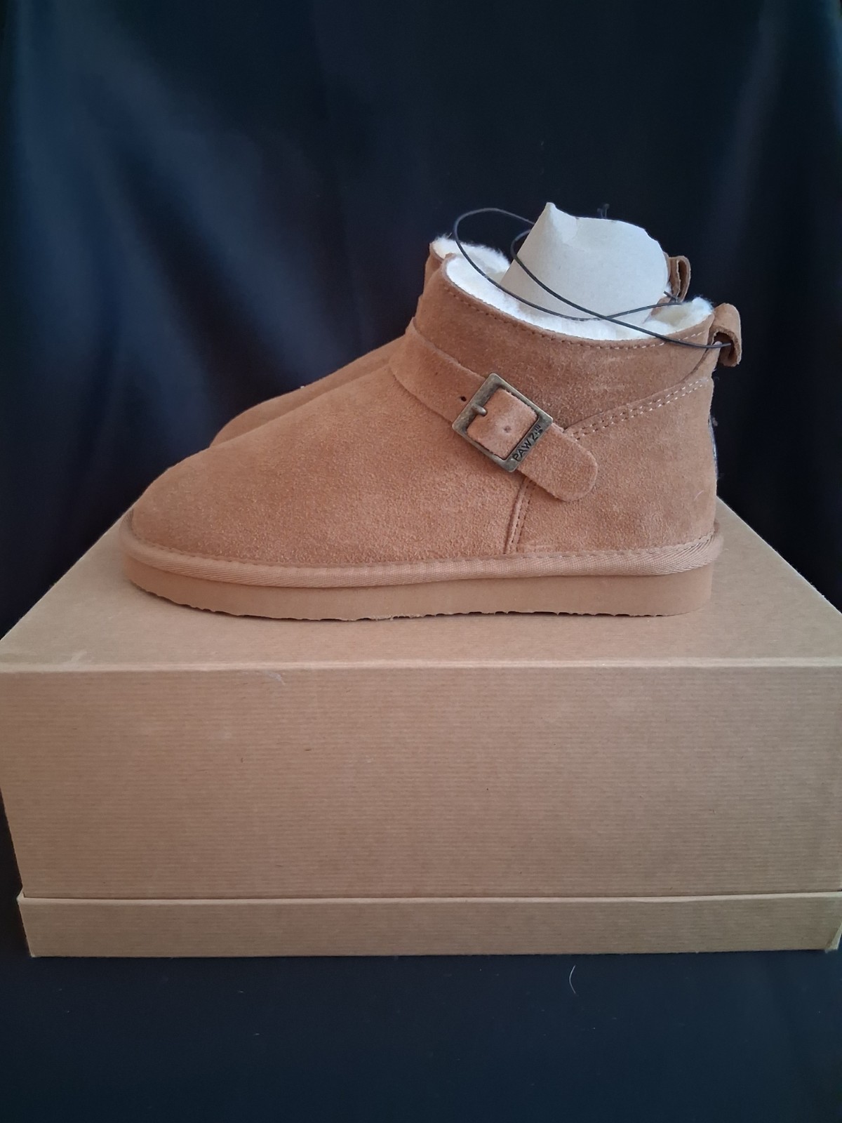 PAWZ by BEARPAW Women’s Brown Shearling Lined Suede Ankle Bootie with Buckle