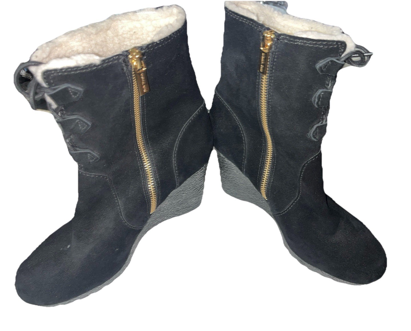 Michael Kors Rory Black Suede Wedge Boots size 8 1/2M Zip And Lace formal MK