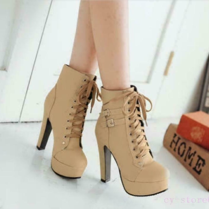 Women’s High Heel Platform Ankle Boots Knight Motorcycle Buckle Lace Up Shoes
