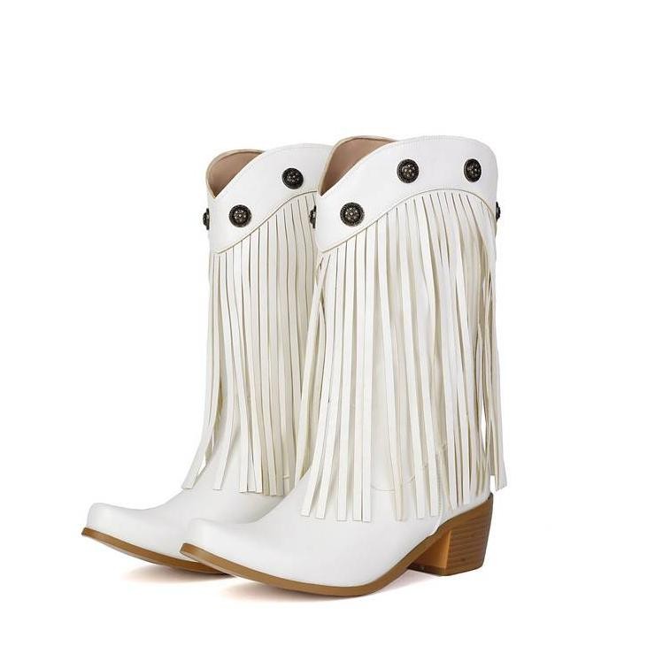 Retro Women’s Tassels Faux Leather Mid Calf Boots Casual Western Formal Shoes SZ