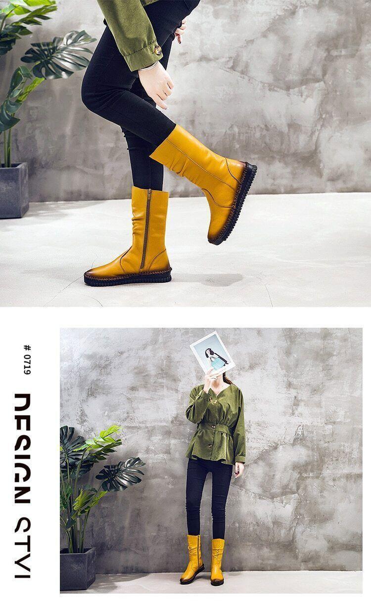Women Autumn Spring Retro Leisure Elegant Work Pump Side Zip Flat Mid Calf Boots