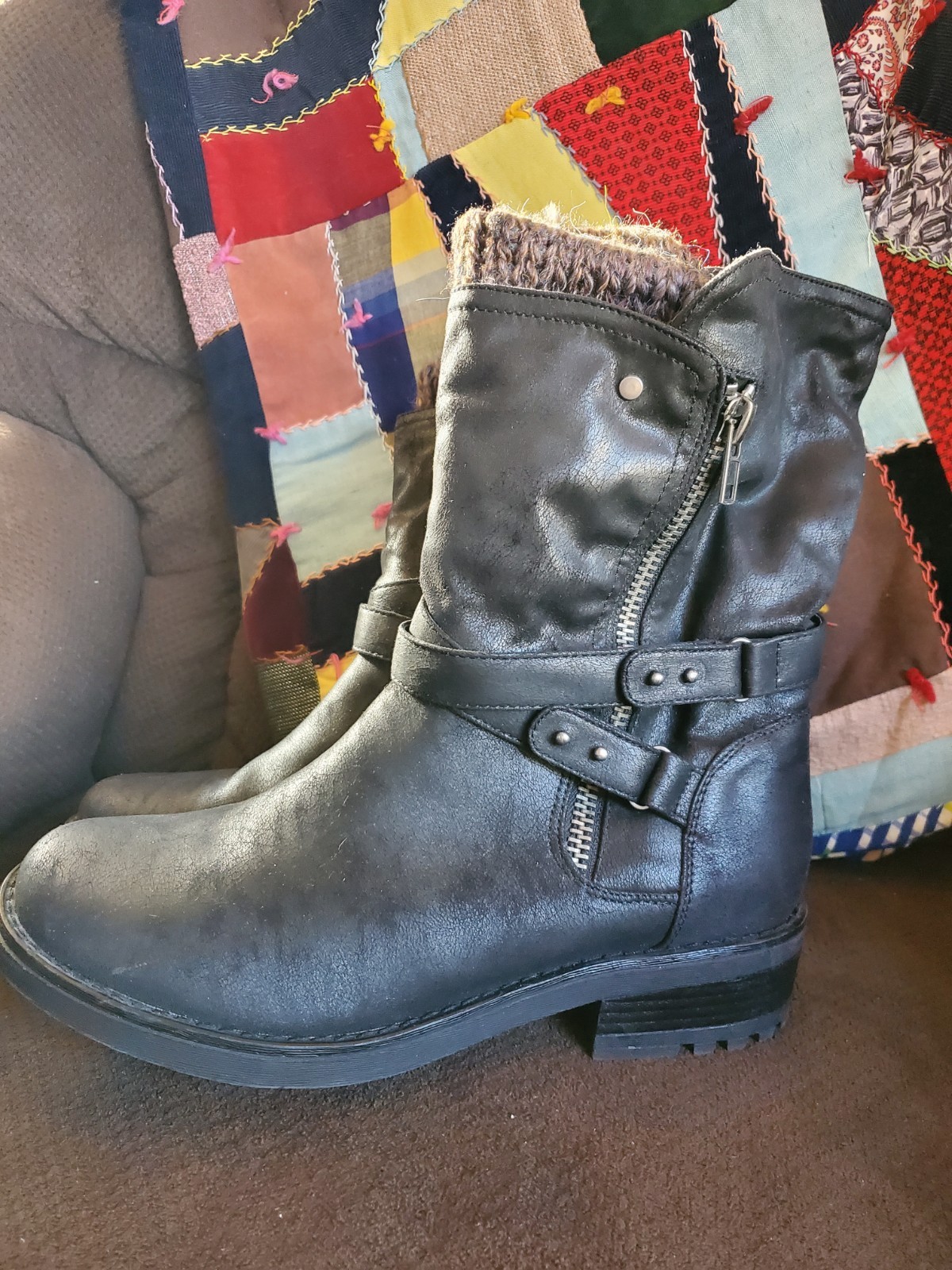 Torrid Women’s Mid Calf Boots Black Faux Leather Knit Cuff Moto Size 11W Wide
