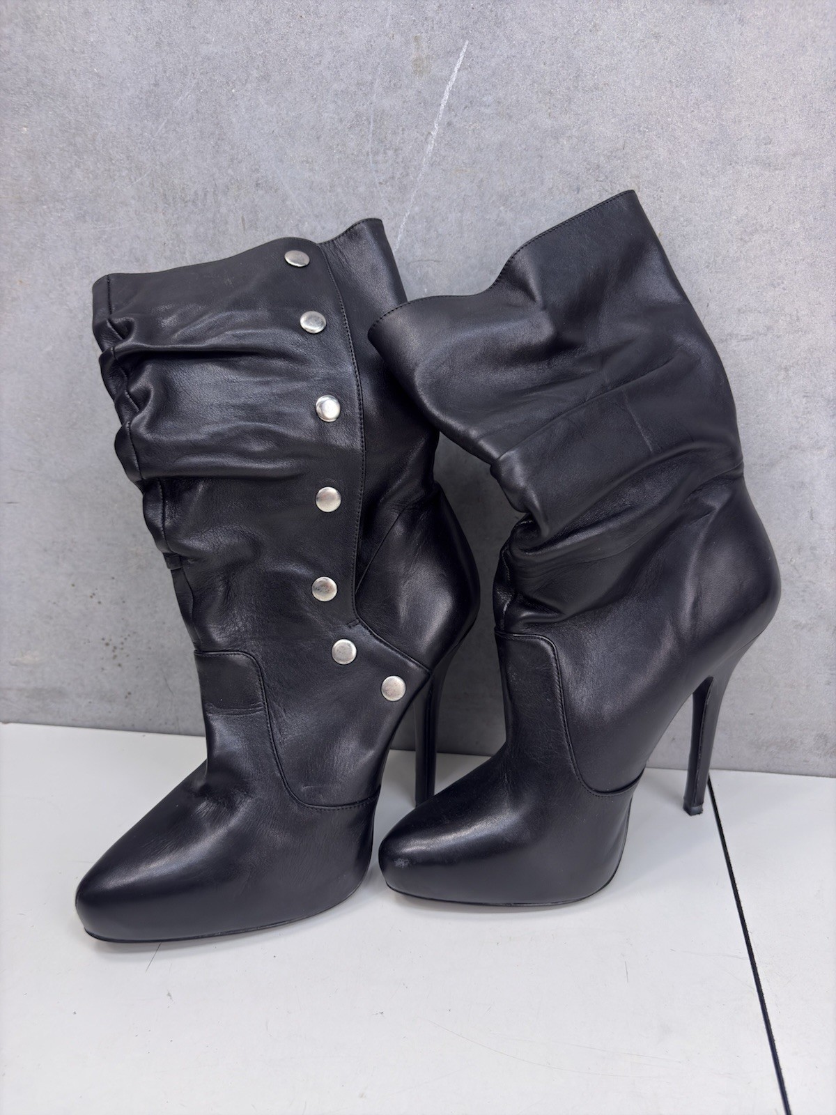Aldo Black Slouch Stiletto Heel Boots Snap Button Women’s Size 10 / 41