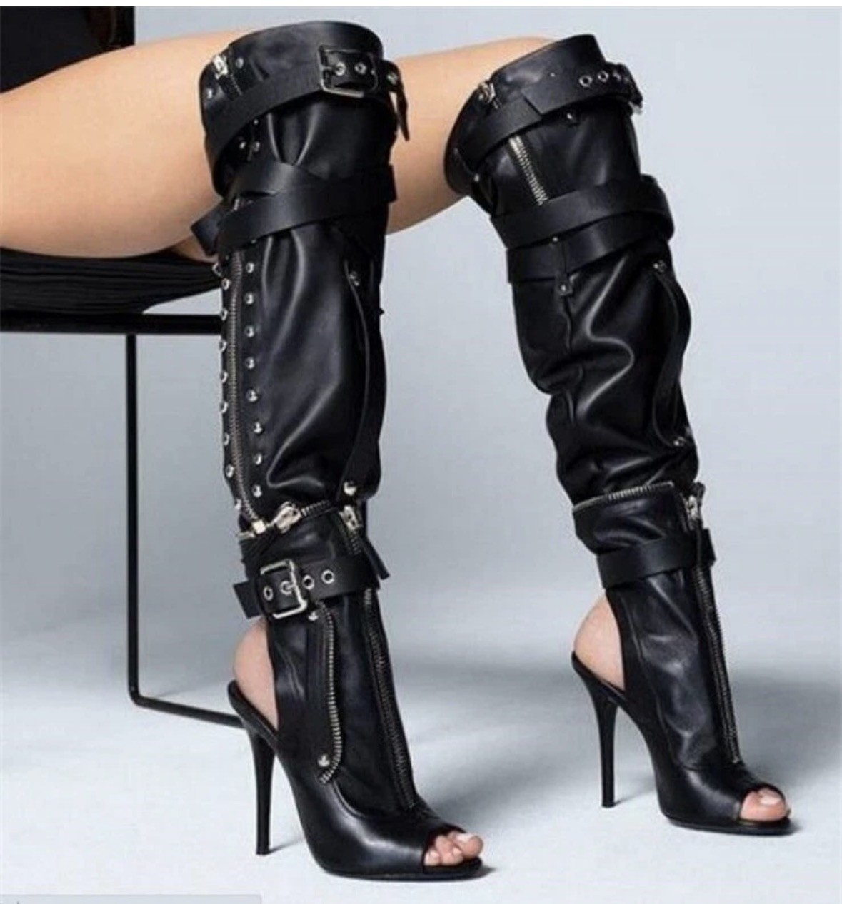 Women’s Knee High Boots 12cm Heel Open Toe Buckle Strap Gladiator Sandals Boots
