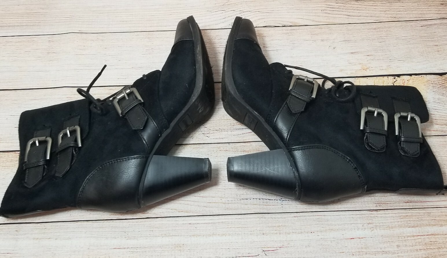 Madden Girl Moto Boots 7 Funky Cynder Black Vegan Leather Buckles Lace Up Zip
