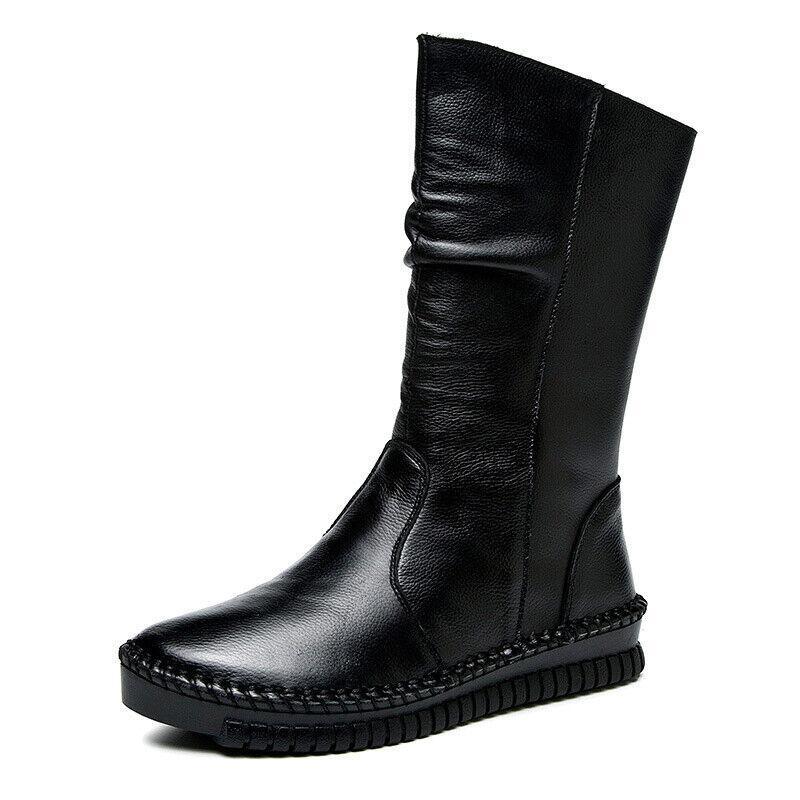 Retro Womens Mid-Calf Boots Leather Round Toe Platform Flats Fur Lining Shoes