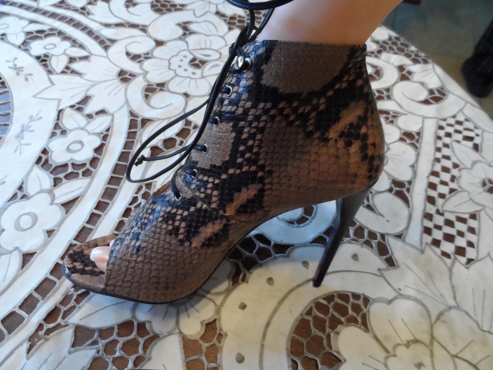 Miu Miu Brown/Beige Python Embosed Leather Lace Up Ankle Boots Size 39M