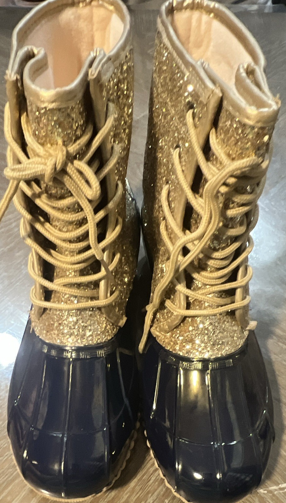 SUGAR Kids Unisex Glitter Lace-Up Duck Boots Gold/Black Tan Rubber Sole