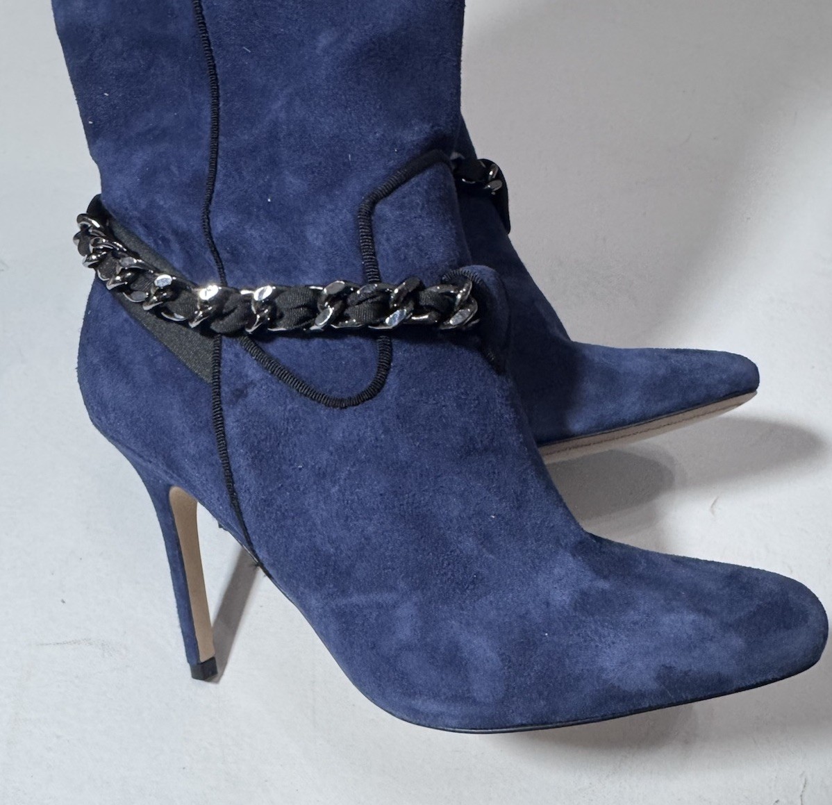 Karl Lagerfeld Paris Maryam Blue Suede Tall Boots Chain Detail NEW 7M 37.5