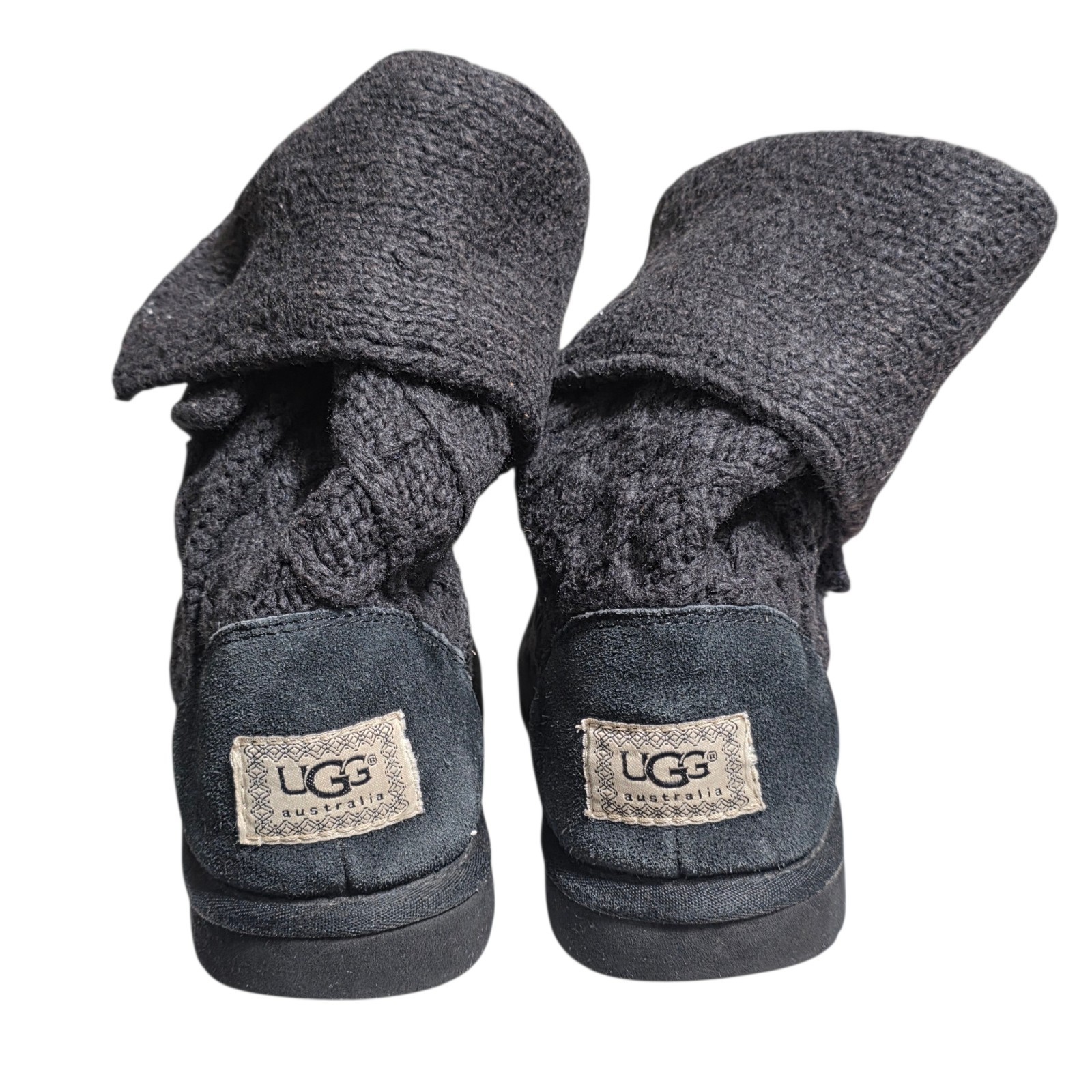 UGG Cardy Knit Boots Womens 6 Black Cable Knit Fold Over Winter Cozy Shoes